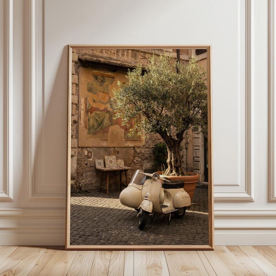 Vespa Wall Art – Mediterranean Courtyard Scooter Print with Olive Tree (Digital Download
