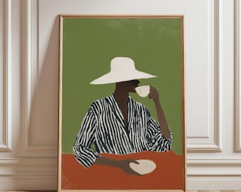 Black Man Sipping Coffee Wall Art Print, Afrocentric Kitchen Decor, Striped Hat Fashion Art, Modern Figurative Wall Art (Digital Download)