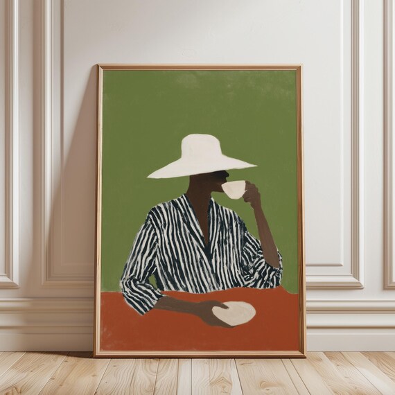 Black Man Sipping Coffee Wall Art Print, Afrocentric Kitchen Decor, Striped Hat Fashion Art, Modern Figurative Wall Art (Digital Download)