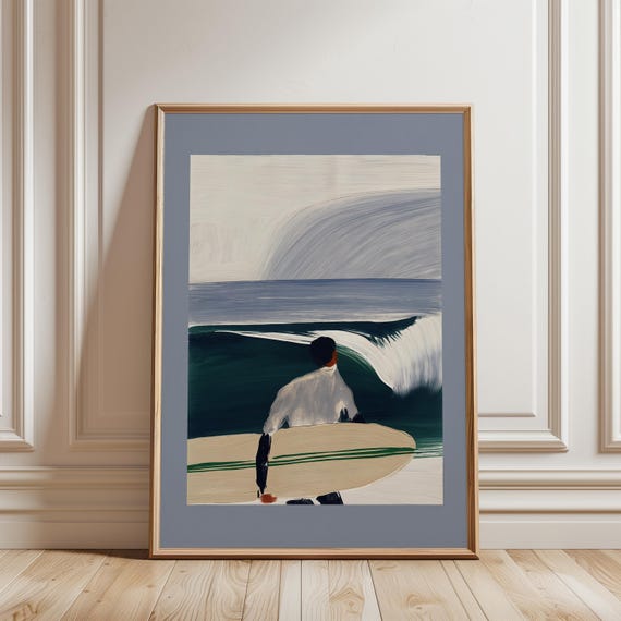 Lone Surfer with Longboard and Curling Wave Gouache Art, Minimalist Coastal Print (Digital Download) 441