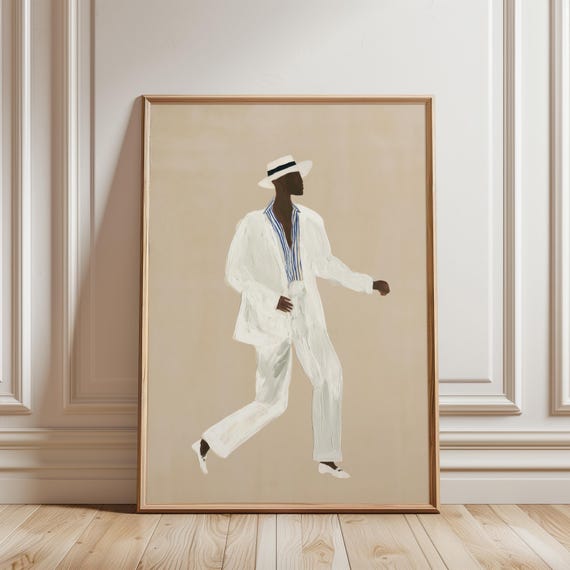 Stylish Black Man Dancing in White Suit, Mid-Century Fashion Art (Digital Download) 305