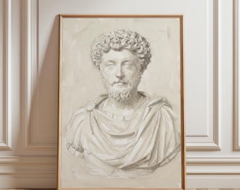 Marcus Aurelius Bust Painting Print, Roman Emperor, Stoic Philosophy Decor, Classical Sculpture Oil Painting, Neutral Office.