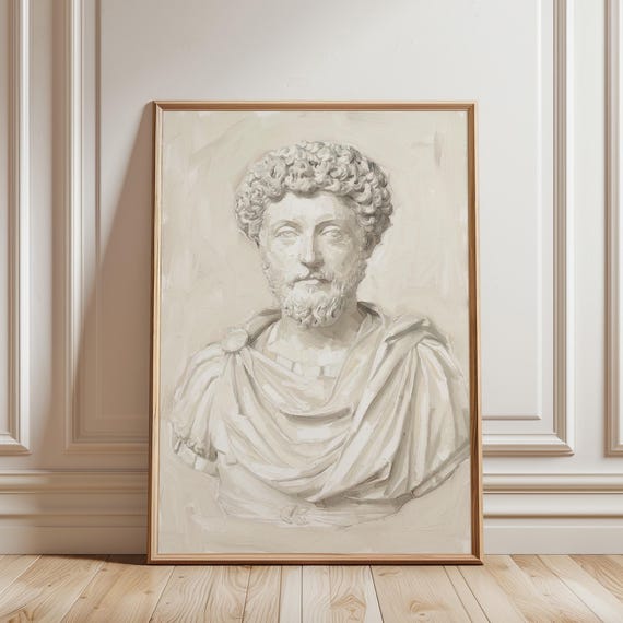 Marcus Aurelius Bust Painting Print, Roman Emperor, Stoic Philosophy Decor, Classical Sculpture Oil Painting, Neutral Office.
