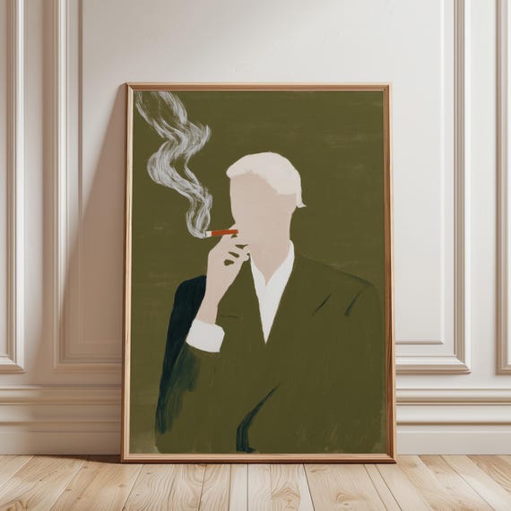 Gentleman Smoking Wall Art Print, Minimalist Portrait, Sage Green Decor (Digital Download)