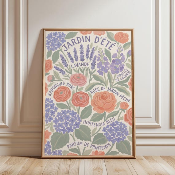 French Garden Botanical Wall Art Print, Jardin d'Ete Lavender & Roses, Cottage Kitchen Decor, Farmhouse Printable Art (Digital Download)