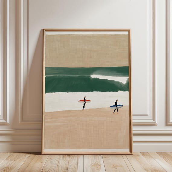 Surfers on Sandy Beach, Coastal Summer Print, Minimalist Wall Art (Digital Download) 715