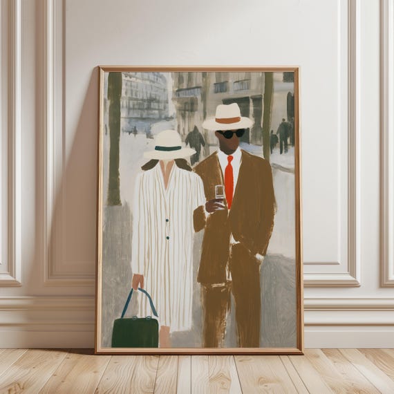 Gouache Painting of Chic Parisian Couple, Vintage Minimalist Art (Digital Download) 495