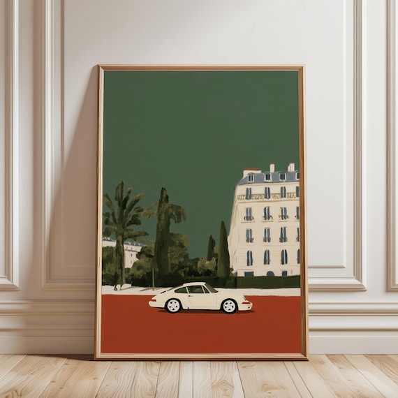 Porsche 911 Wall Art Print, Vintage Sports Car Paris, Sage Green Terracotta Printable (Instant Download)
