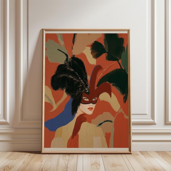 Masked Woman in Feathered Masquerade Headpiece, Gouache Portrait Art (Digital Download) 269