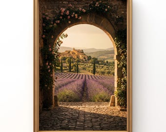 Provence Lavender Field Print, French Countryside Wall Art, Stone Arch Landscape
