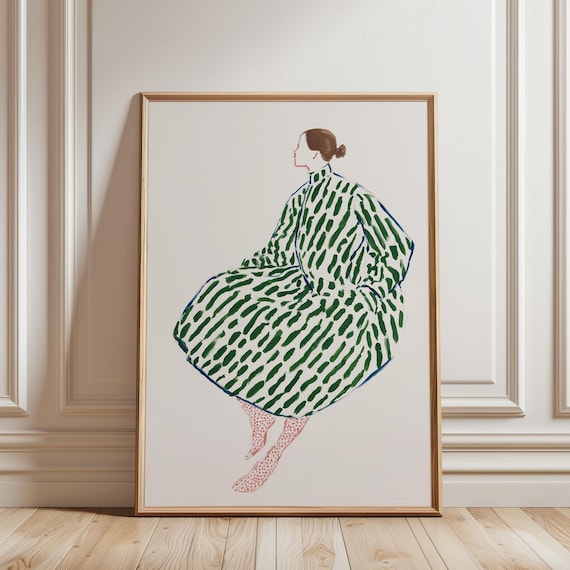 Fashion Illustration Wall Art Print - Green Striped Coat Woman Printable, Minimalist Vogue Style Poster, Bedroom Decor (Digital Download)