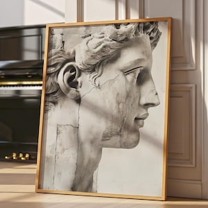 May include: A framed black and white print of a classical sculpture bust. The artwork features a detailed profile of a male figure with curly hair and a cracked, aged appearance. The frame is a light brown color.