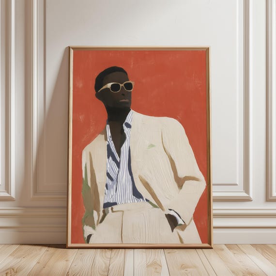 Mid-Century Gouache Fashion Art, Black Man in Cream Suit Summer Vibes (Digital Download) 615