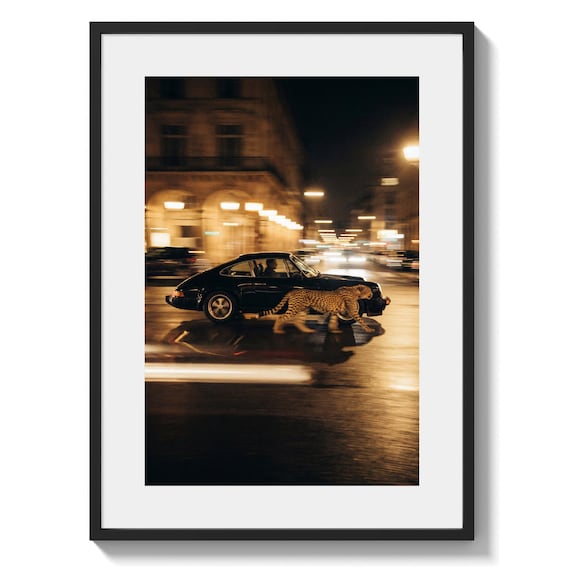 Porsche 911 Night Drive with Cheetah – Cinematic Car Wall Art, Luxury Sports Car Print, Moody Street Photography Decor (digital download)