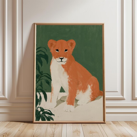 Baby Lion Cub Gouache Painting, Nursery Wall Art, Summer Decor (Digital Download) 642