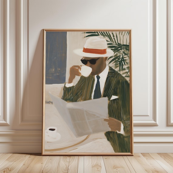 Retro Chic Gentleman with Coffee, Vintage Café Style Gouache Painting (Digital Download) 418
