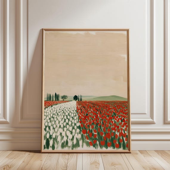 Tulip Field Gouache Painting, Vintage Cottagecore Wall Art, Farmhouse Decor (Digital Download) 277