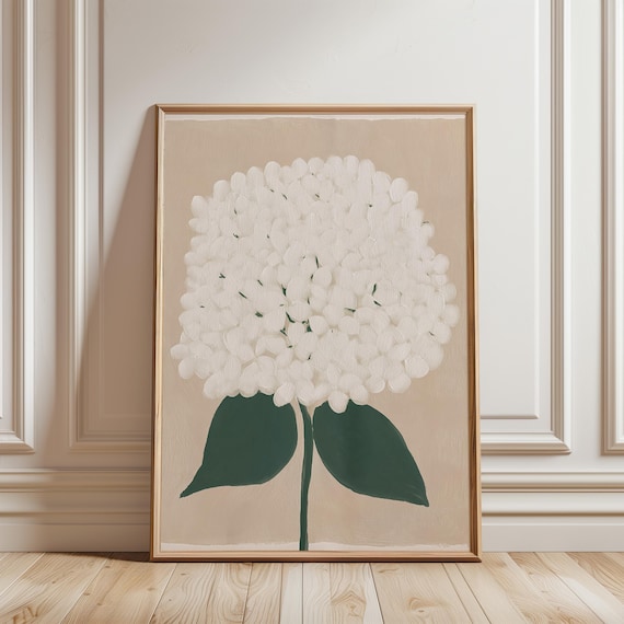 White Hydrangea Bloom, Minimalist Botanical Gouache Art (Digital Download) 469