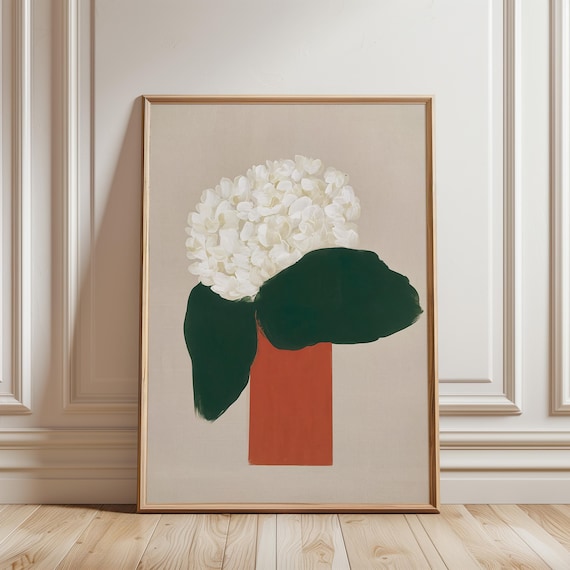 Minimalist White Hydrangea Gouache Painting, Farmhouse Botanical Art (Digital Download) 255