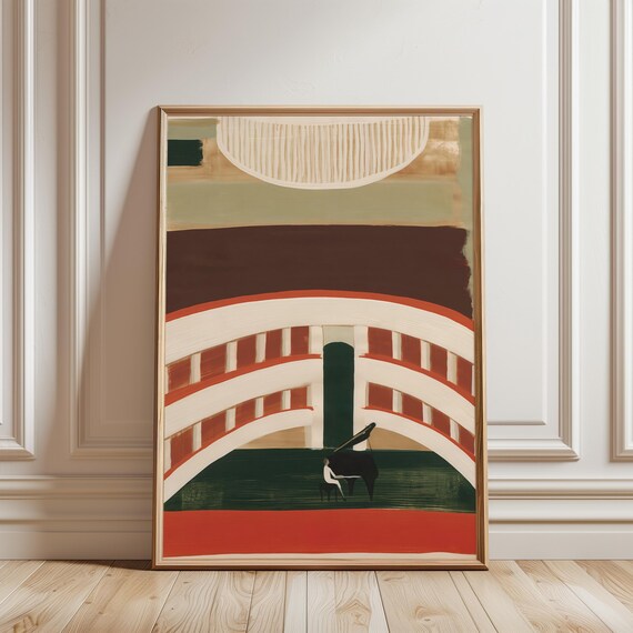 Opera House Interior Art with Pianist, Vintage Mid-Century Modern Style (Digital Download) 436