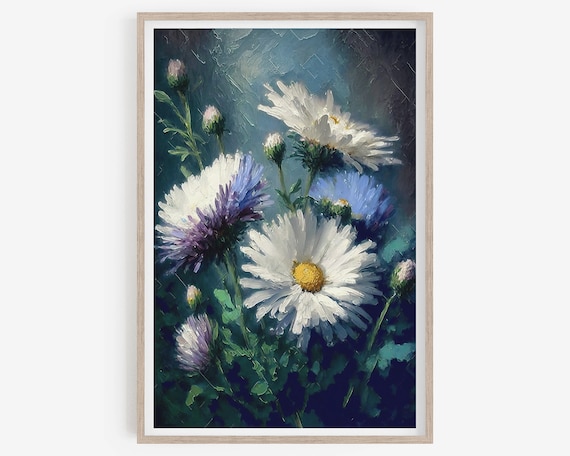 Dark Academia decor, antique oil, Printable wall art, dark floral, white flowers, dark academia prints, room decor.