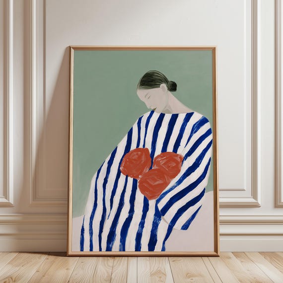Sage Green Wall Art – Blue Striped Woman with Red Flowers (Digital Download)