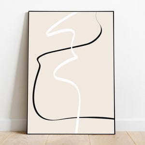One Line Drawing Art Print, Beige Neutral Tones, Abstract wall art, Black and White Minimal Art, Aesthetic room decor. Large print wall art.