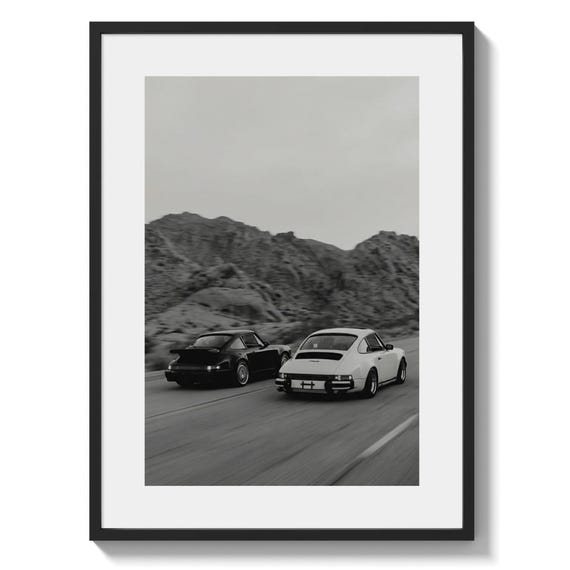 Porsche 911 Turbo racing wall art, black and white photo print, vintage coupe racing poster, auto enthusiast decor (Instant Download)