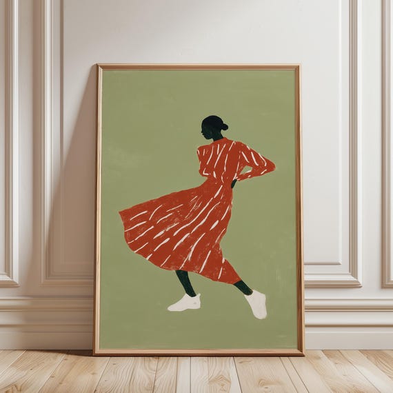 Black Woman Dancing Wall Art Print, Afrocentric Figure Art, Sage Green Decor (Digital Download)