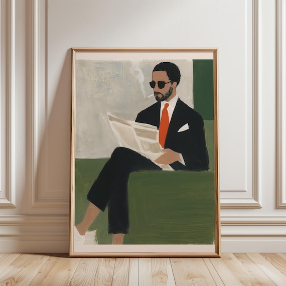 Chic Mid-Century Man Reading Newspaper, Stylish Retro Wall Art (Digital Download) 486