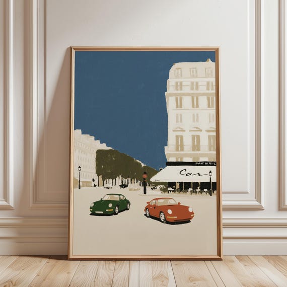 Vintage Porsche 911 Wall Art Print, Paris Street Scene, Retro Car Poster, French Cafe Decor, Porsche Illustration (Instant Download)