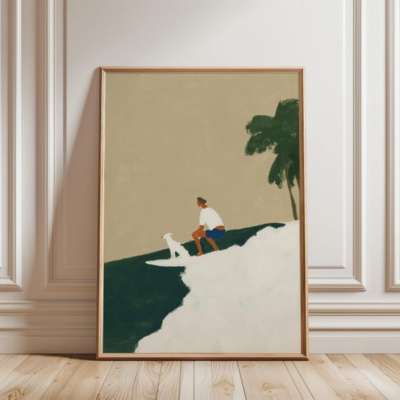 Surfer and Dog Wave Ride, Coastal Beach Art, Summer Decor, Summer Vibes Print (Digital Download) 704