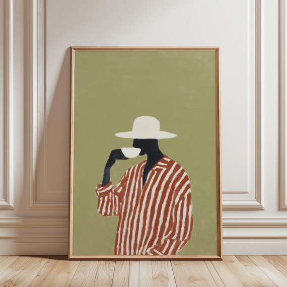 Afrocentric Portrait, Coffee Moment Wall Art Print, Man with Hat and Stripes, Minimalist Figure, Sage Green Painting (Digital Download)