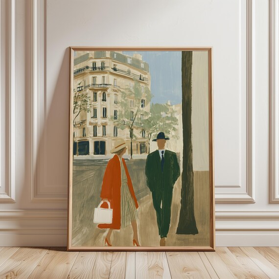 Stylish Parisian Couple Strolling, Vintage Fashion Painting (Digital Download) 494