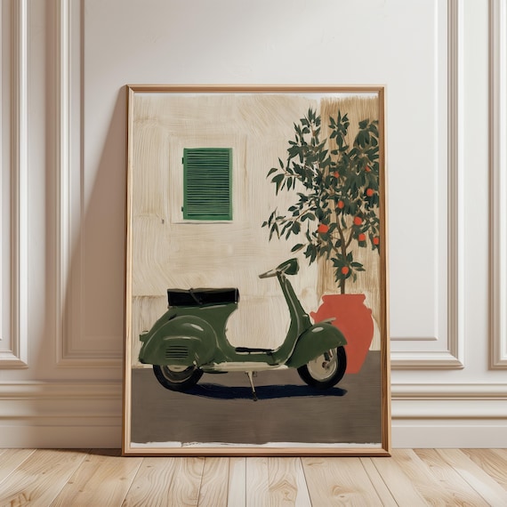 Vintage Green Vespa in Italy Print, Retro Scooter Art (Digital Download) 288