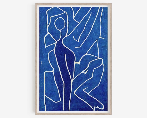 Indigo Blue Wall Art, Abstract Art Print, Abstract shapes , blue wall art, Aesthetic room decor, Mid century Wall Art, Fine art, Matisse.