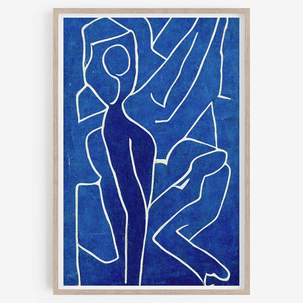 Arte de pared azul índigo, impresión de arte abstracto, formas abstractas, arte de pared azul, decoración estética de la habitación, arte de pared de mediados de siglo, bellas artes, Matisse.