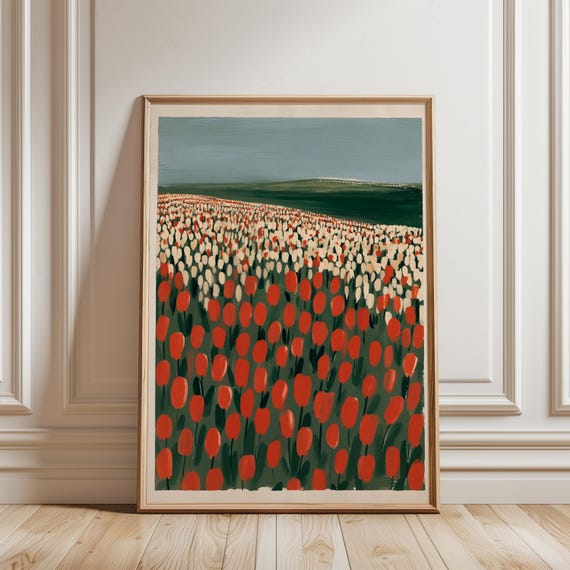 Tulip Field Gouache Painting, Vibrant Folk Illustration Landscape Art (Digital Download) 507