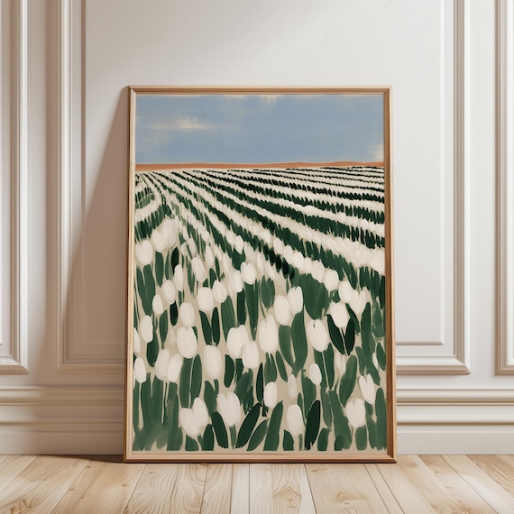 White Tulip Field Painting, Pastoral Cottagecore Wall Art (Digital Download) 281