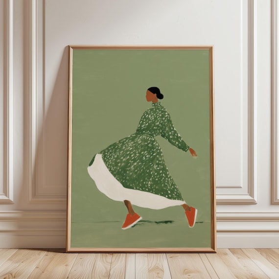 Afrocentric Black Woman Dancing Wall Art Print, Afrobohemian Style, Sage Green Decor (Digital Download)