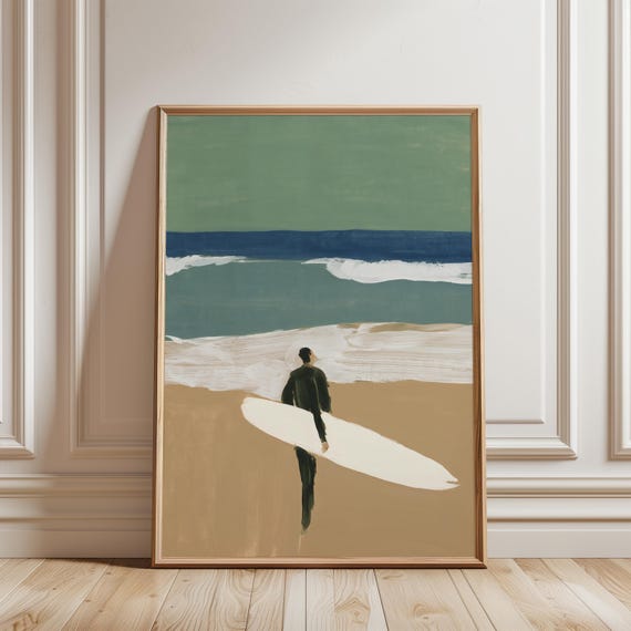 Coastal Surfer Gouache Art with Longboard, Beach Wall Print (Digital Download) 248