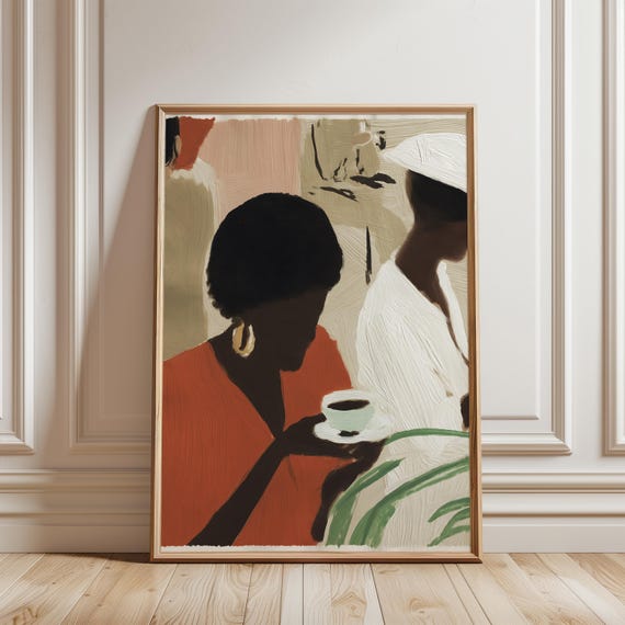 Afrohemian Coffee Sharing Art, Minimalist Gouache-Style Wall Décor (Digital Download) 490