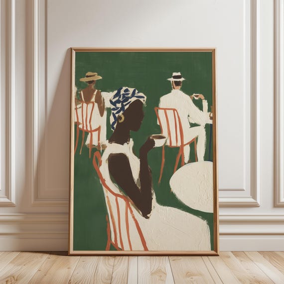 Afrohemian Café Scene Art, Cozy Bohemian Coffee Splendor, Vintage Gouache Style (Digital Download) 509