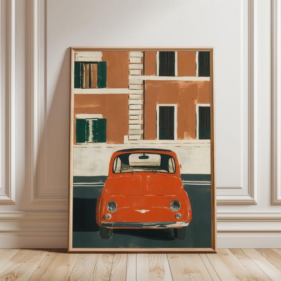 Retro Fiat 500 Gouache Painting, Vintage Italian Travel Poster Art (Digital Download) 249