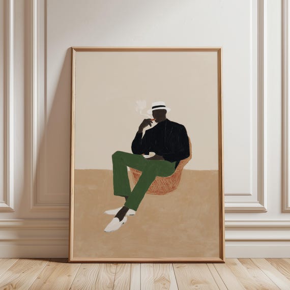 Afrocentric Black Man Smoking Wall Art Print, Afrobohemian Style, Neutral Living Room Decor (Digital Download)