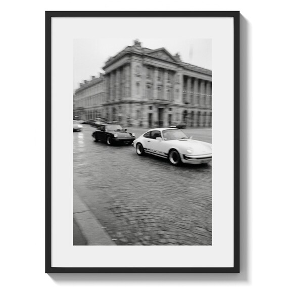 Porsche 911 Wall Art Print, Paris Street Photo, Black and White Vintage Car Poster (Digital Download)