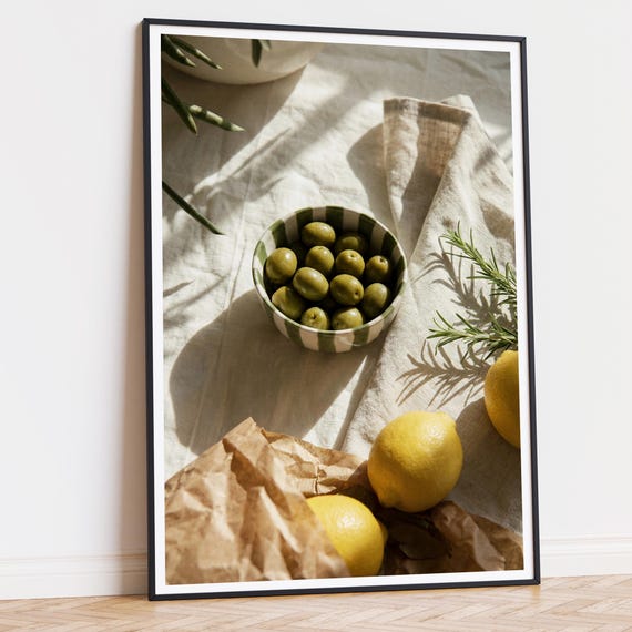 Mediterranean Still Life Print, Olives, Lemons and Herbs, Rustic Kitchen Decor (Instant Download)