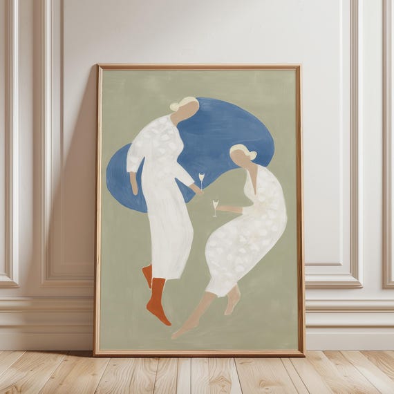 Mediterranean Women Wine Art Print, Coastal Wall Art, Minimalist Kitchen Decor, Sage Blue Neutral, Modern Living Room (Digital Download)