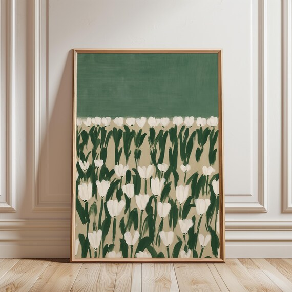 Minimalist White Tulip Field Painting, Modern Farmhouse Wall Art (Digital Download) 463