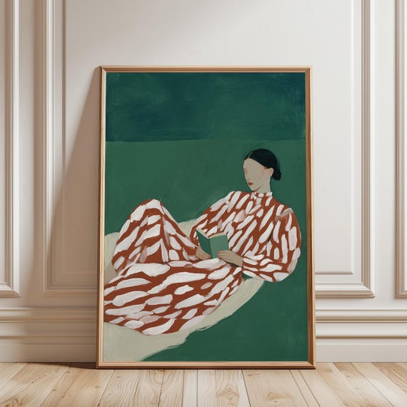 Sage Green Wall Art – Reading Woman Minimalist Portrait Print (Digital Download)